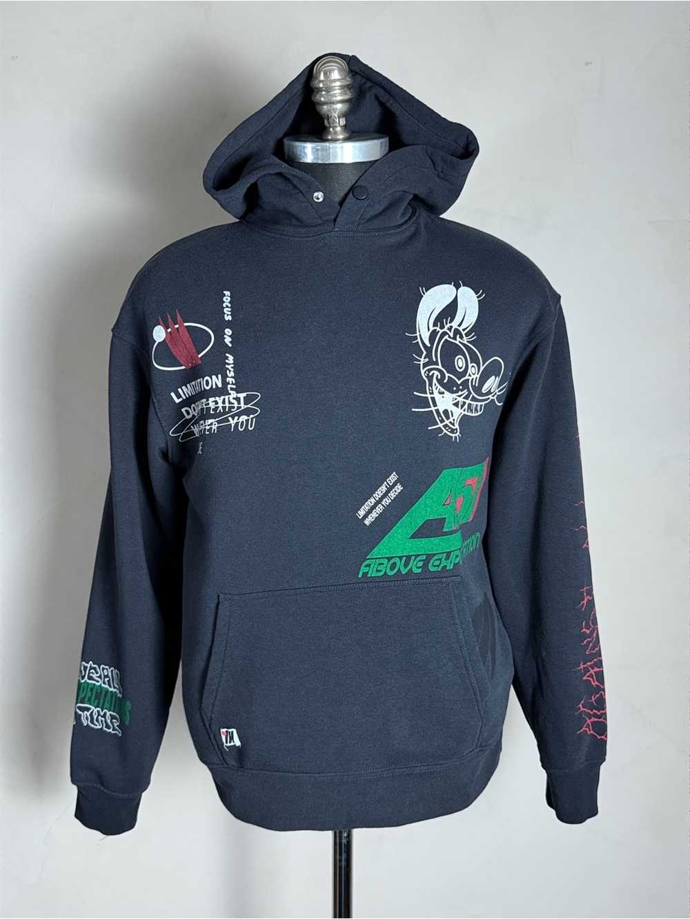 Zara Oversized Hoodie Mens S Black Graphic Print Streetwear Pullover Skate Y2K